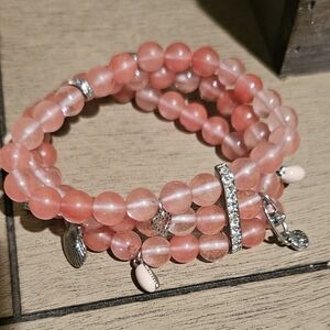 CAbi Coral Beaded Bracelet with Silver Charms